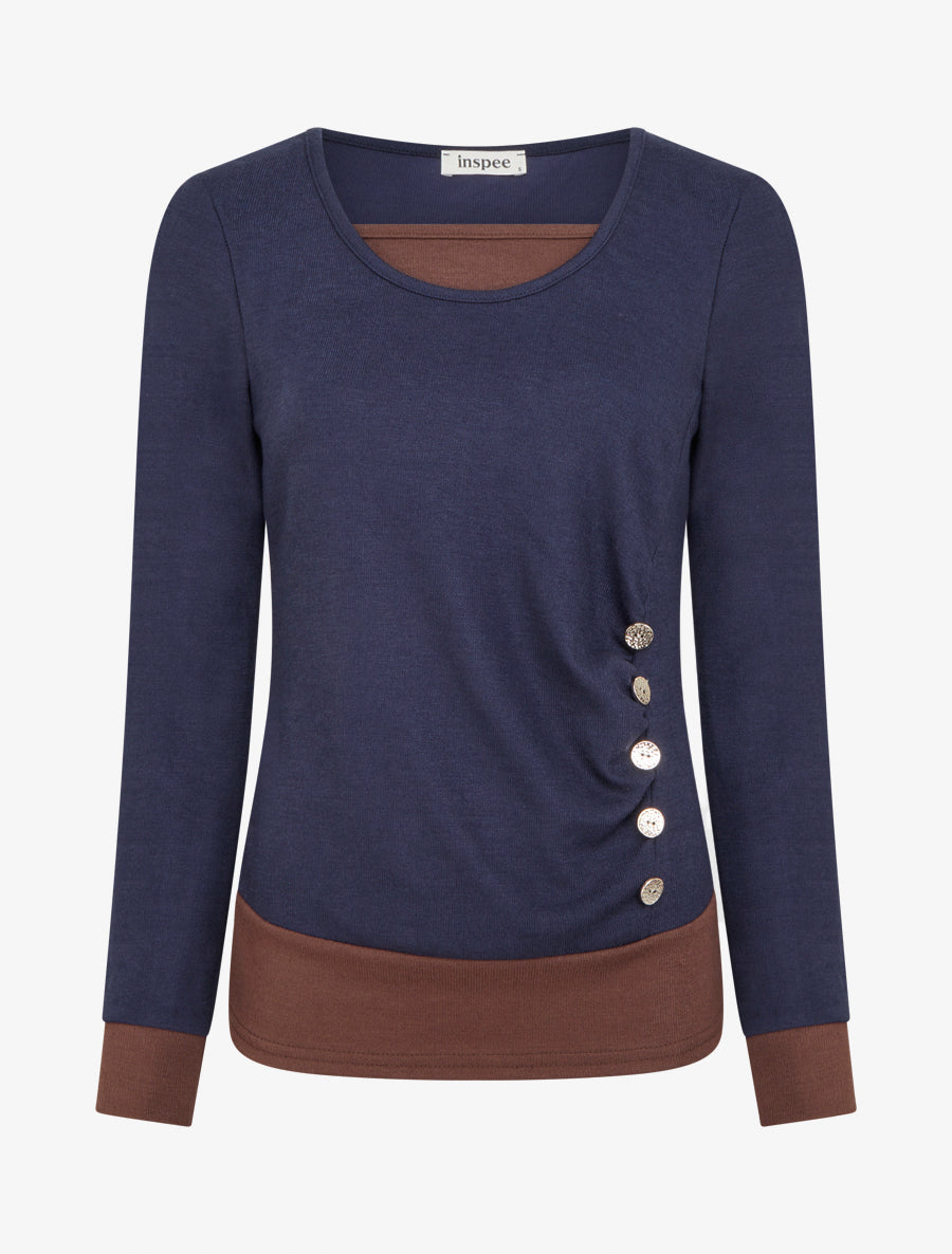 Pull bicolore à boutons décoratifs - Marine - 1