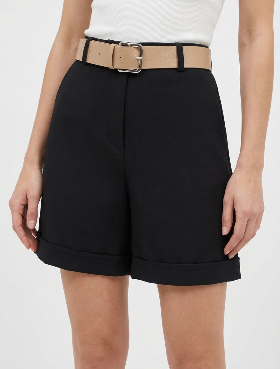 Geknoopte korte broek met omslagboord - Zwart