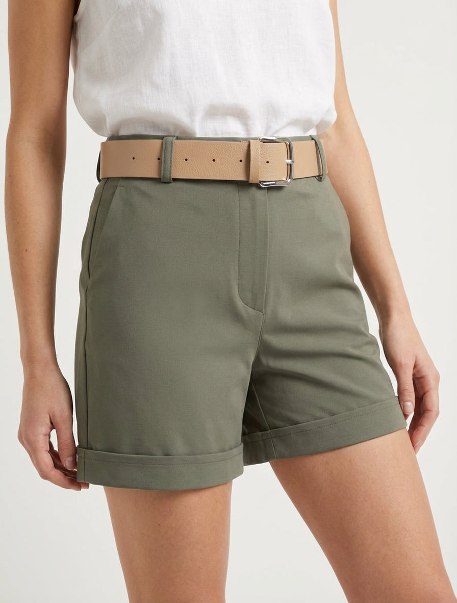 Geknoopte korte broek met omslagboord - Kaki