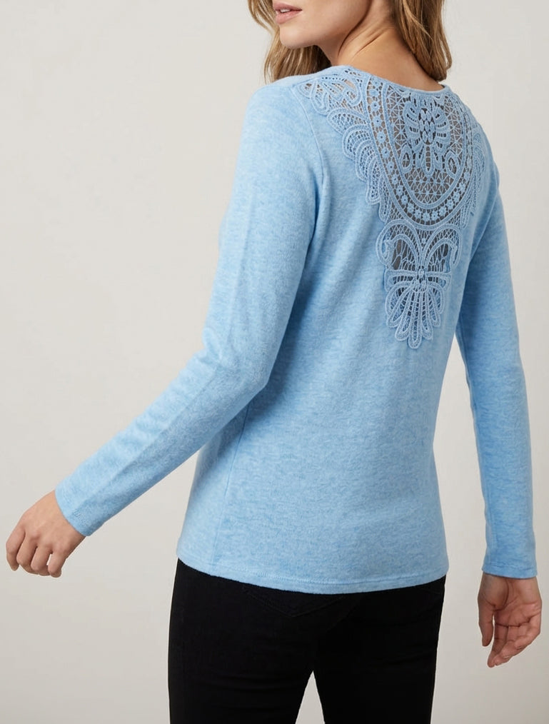 Gebreide trui met geborduurde rug en watervalkraag - Lichtblauw