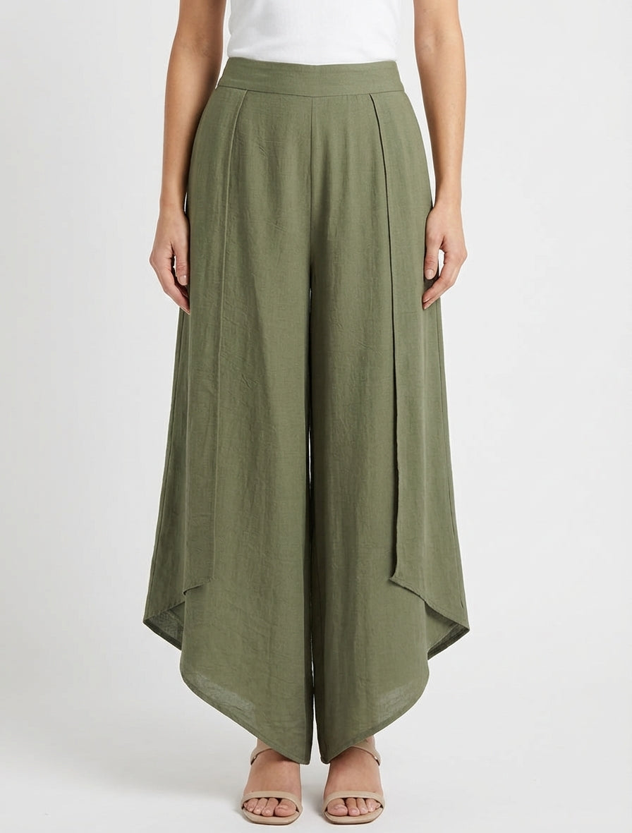 Wijde broek met asymmetrische randen - Kaki