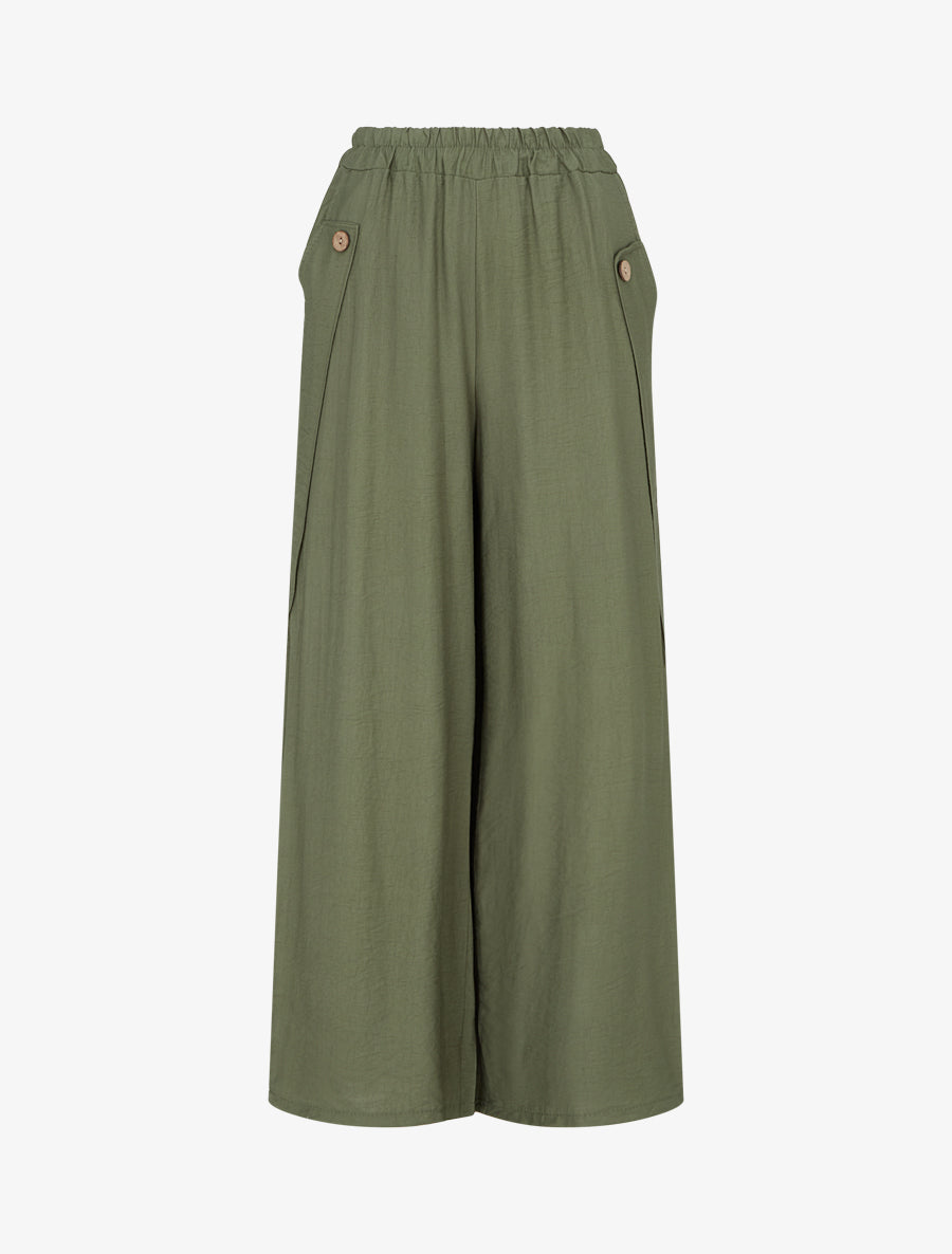 Pantalon ample uni à boutons décoratifs - Kaki - 1