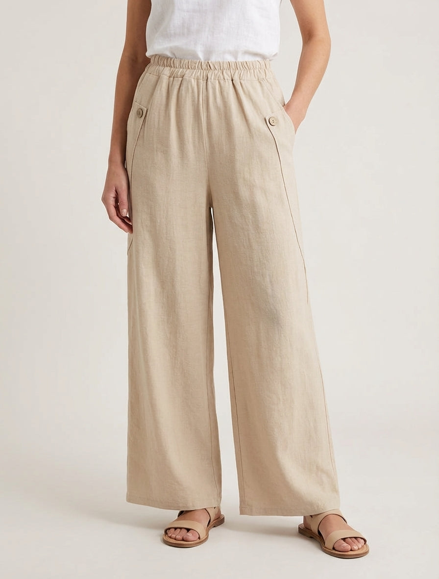 Effen wijde broek met decoratieve knopen - Beige