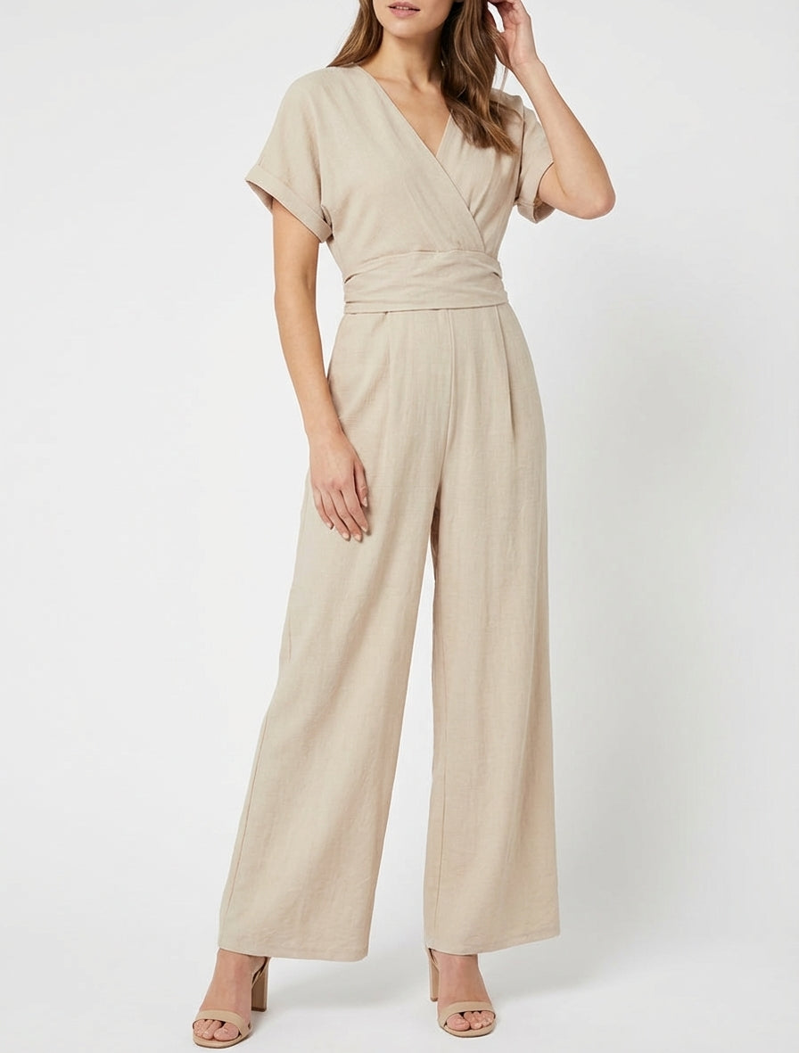Effen jumpsuit met korte mouwen - Beige