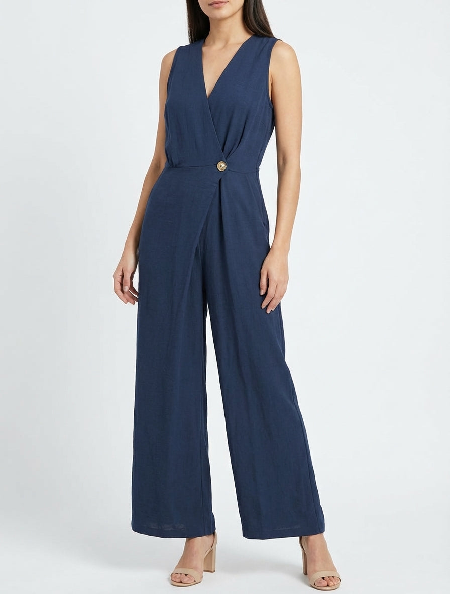 Effen jumpsuit met overslagkraag - Marine