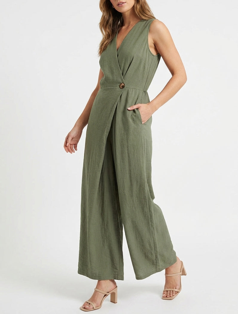 Effen jumpsuit met overslagkraag - Kaki