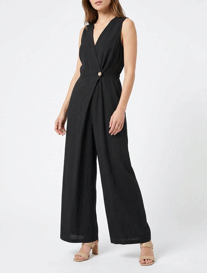 Effen jumpsuit met overslagkraag - Zwart