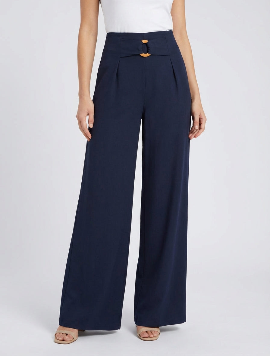 Wijde broek met hoge taille en fantasiegesp. - Marine