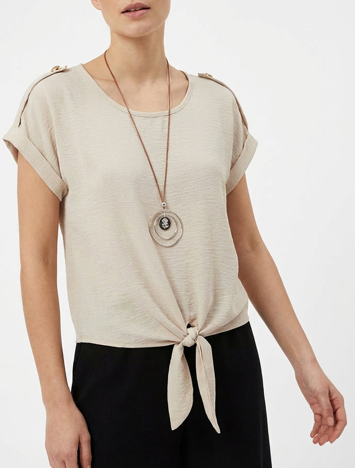 Top met striksluiting en korte mouwen - Beige
