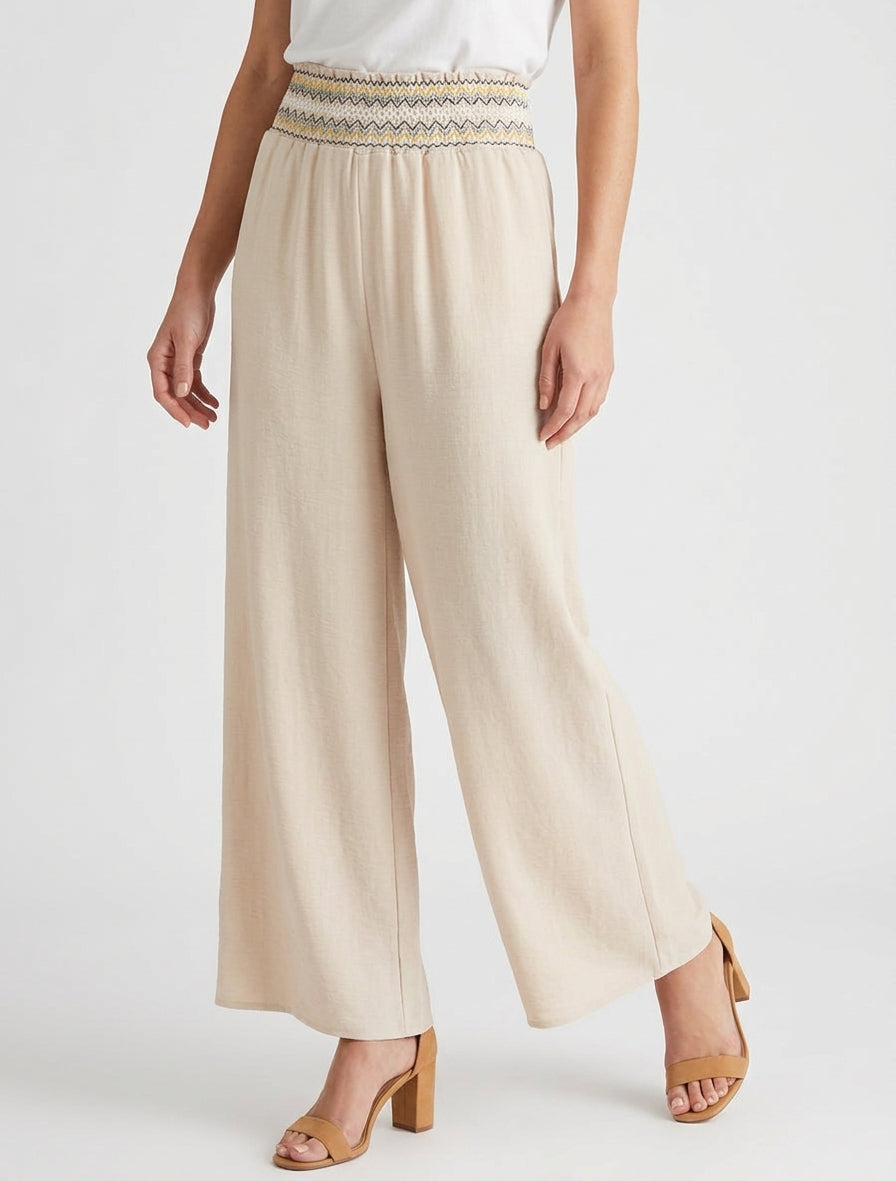 Rechte broek met elastische hoge taille - Beige