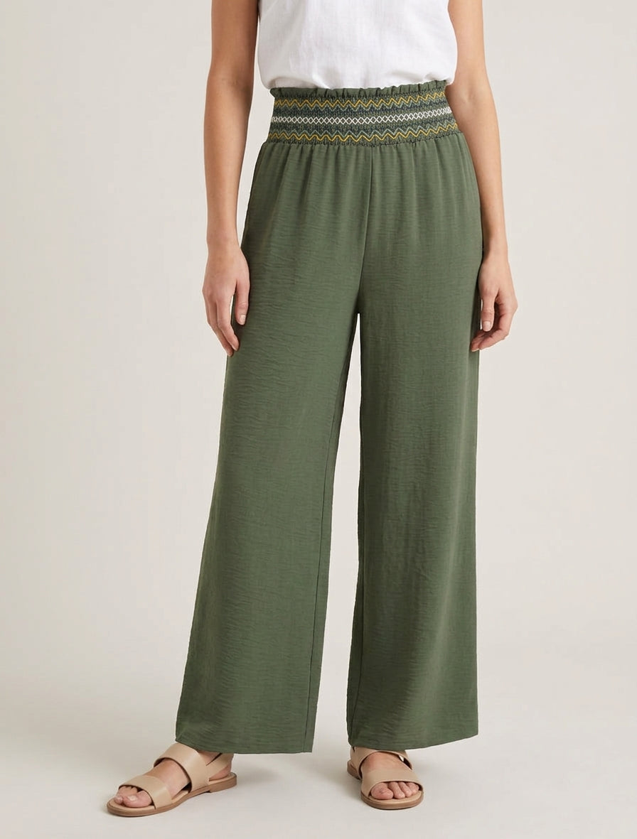 Rechte broek met elastische hoge taille - Kaki