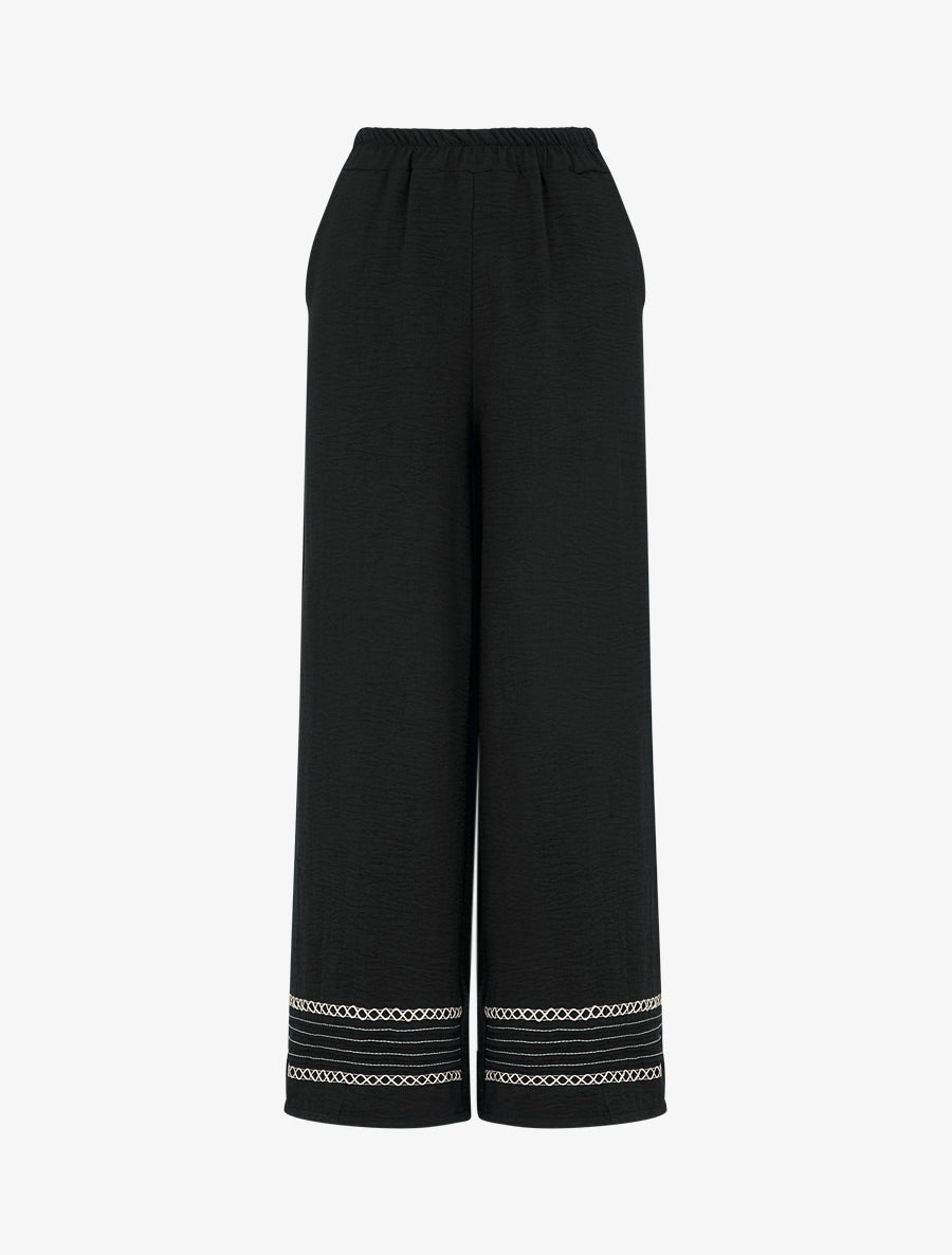 Pantalon ample à bords brodés - Noir - 1