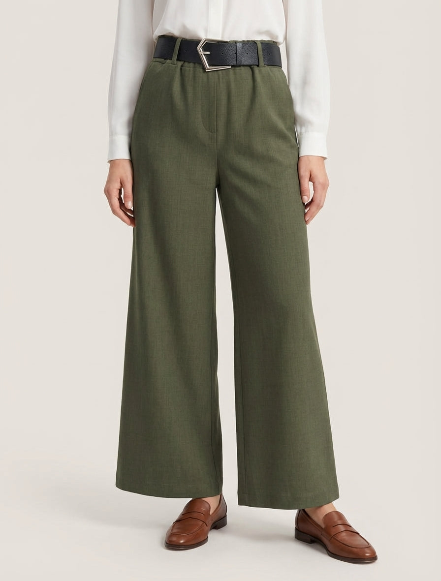 Wijde effen broek met hoge taille - Kaki