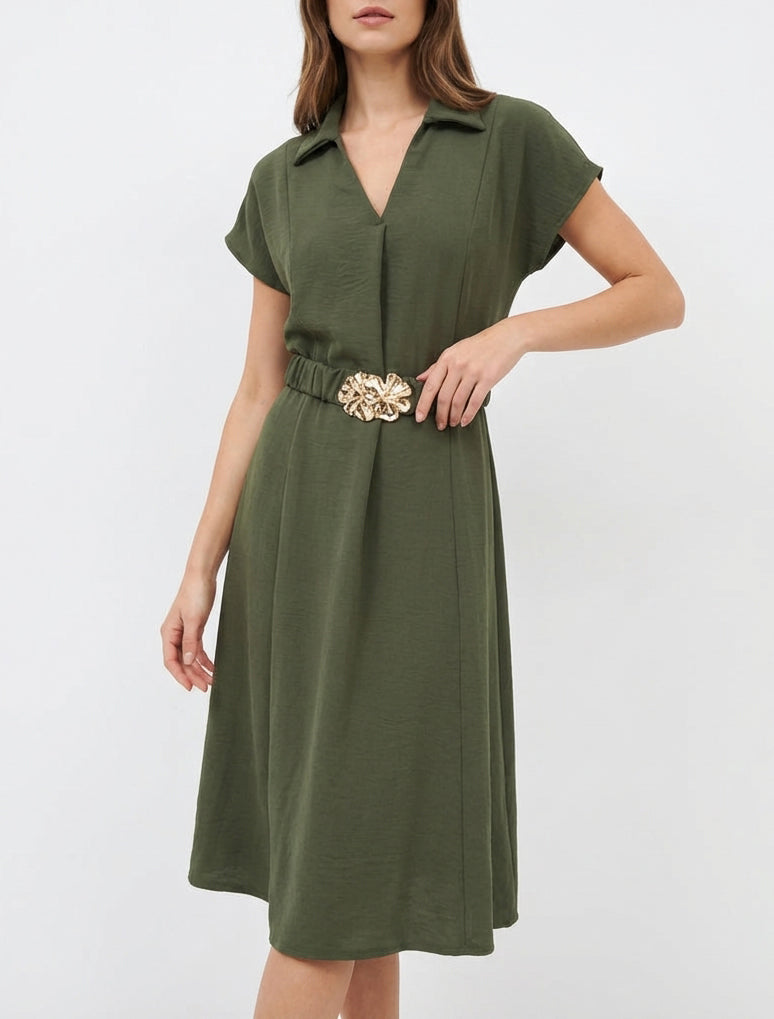 Effen soepelvallende jurk met ceintuur - Kaki