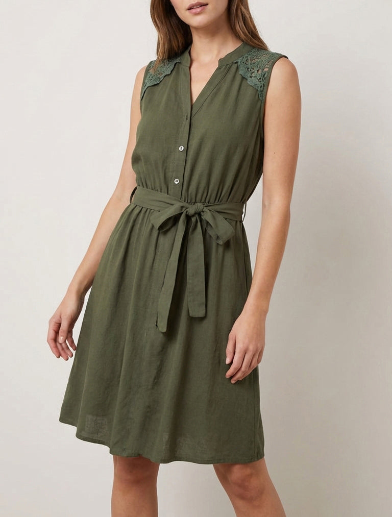 Mouwloze midi-jurk met knopen - Kaki
