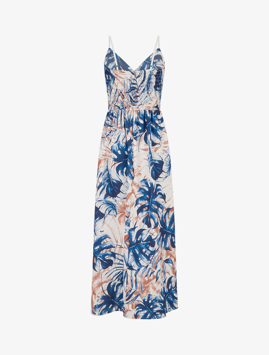Robe longue à dos élastiqué imprimé feuillage - Marine - 2