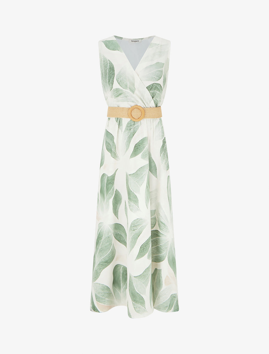 Robe imprimé feuilles à col cache-coeur - Kaki - 1