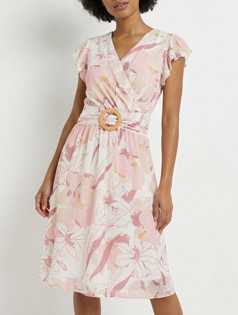 Middellange jurk met grote bloemenprint en gesp - Roos
