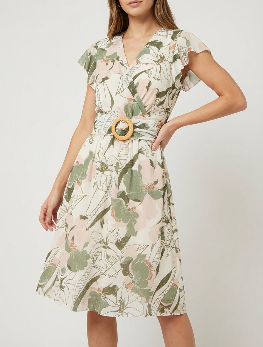 Middellange jurk met grote bloemenprint en gesp - Kaki
