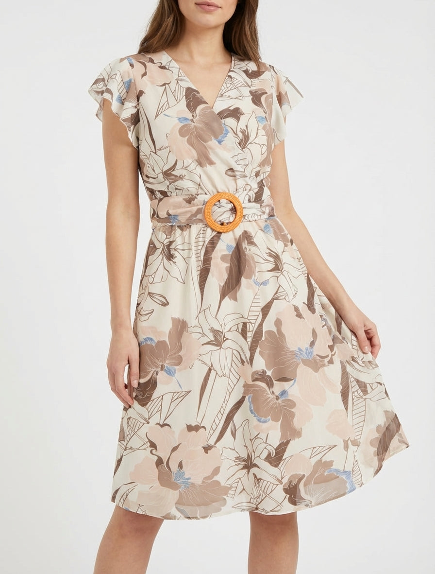 Middellange jurk met grote bloemenprint en gesp - Bruin