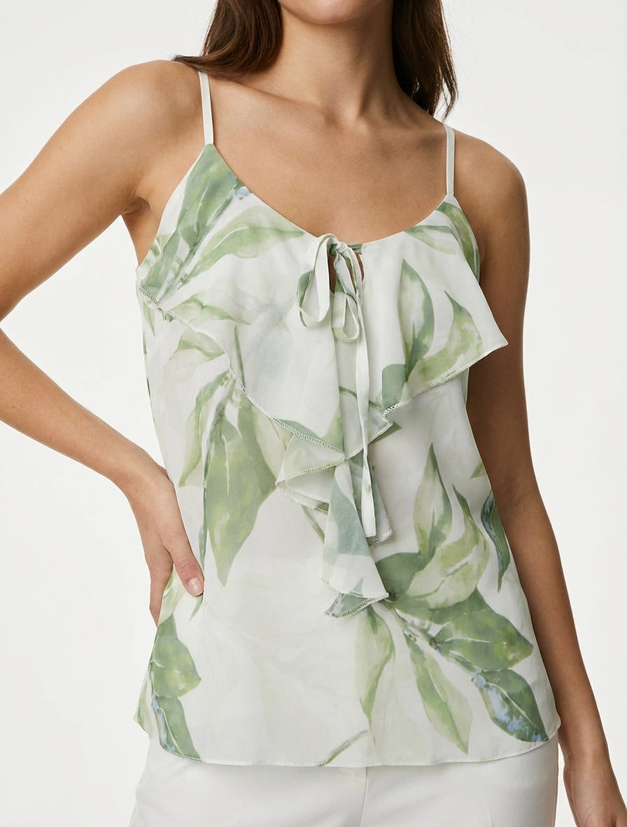 Bloemenprint top met V-hals en ruches. - Groen