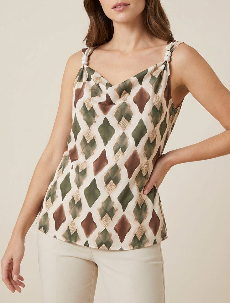 Grafische top met parelbandjes - Kaki