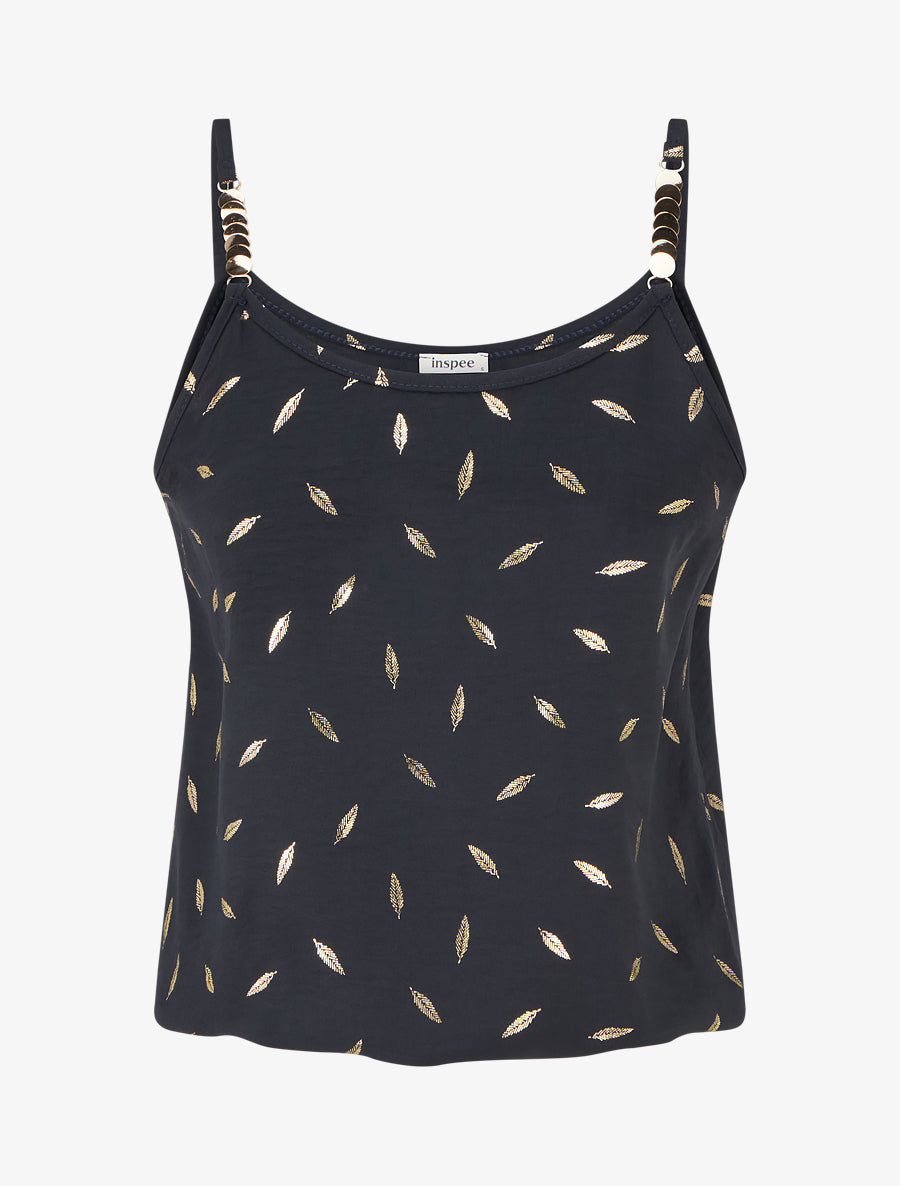 Débardeur à bretelles bijoux et imprimé plume - Noir - 1