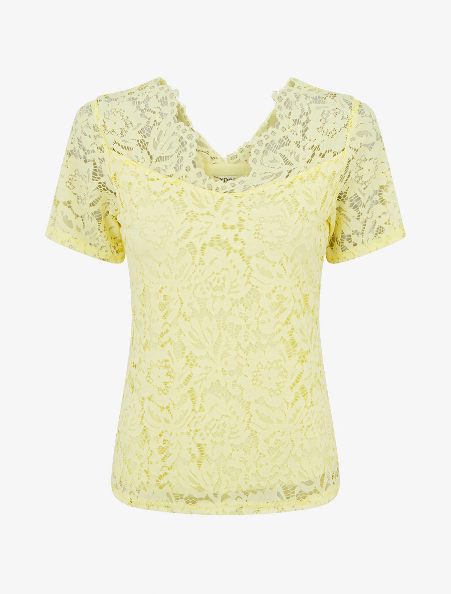 Top en dentelle à manches courtes - Jaune - 1