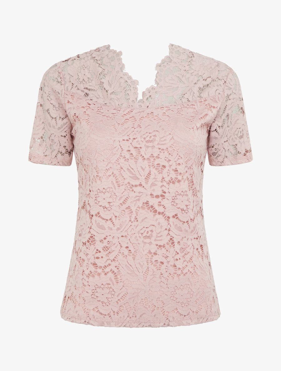 Top en dentelle à manches courtes - Rose - 1