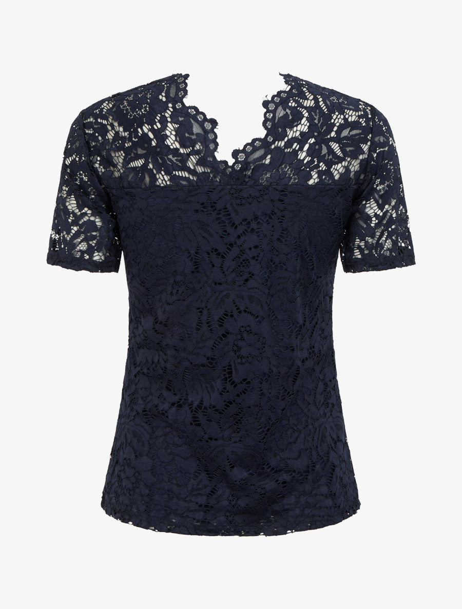 Top en dentelle à manches courtes - Marine - 2