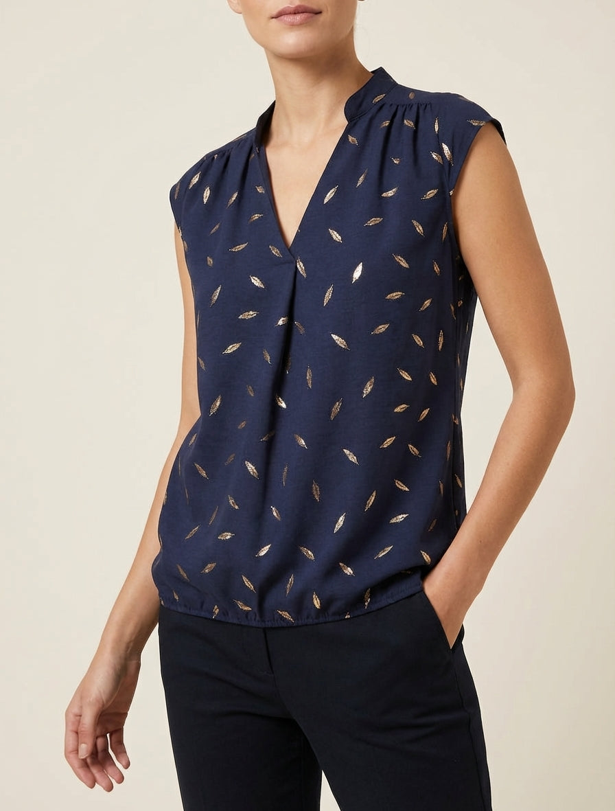 Elastische top met iriserende verenprint. - Marine