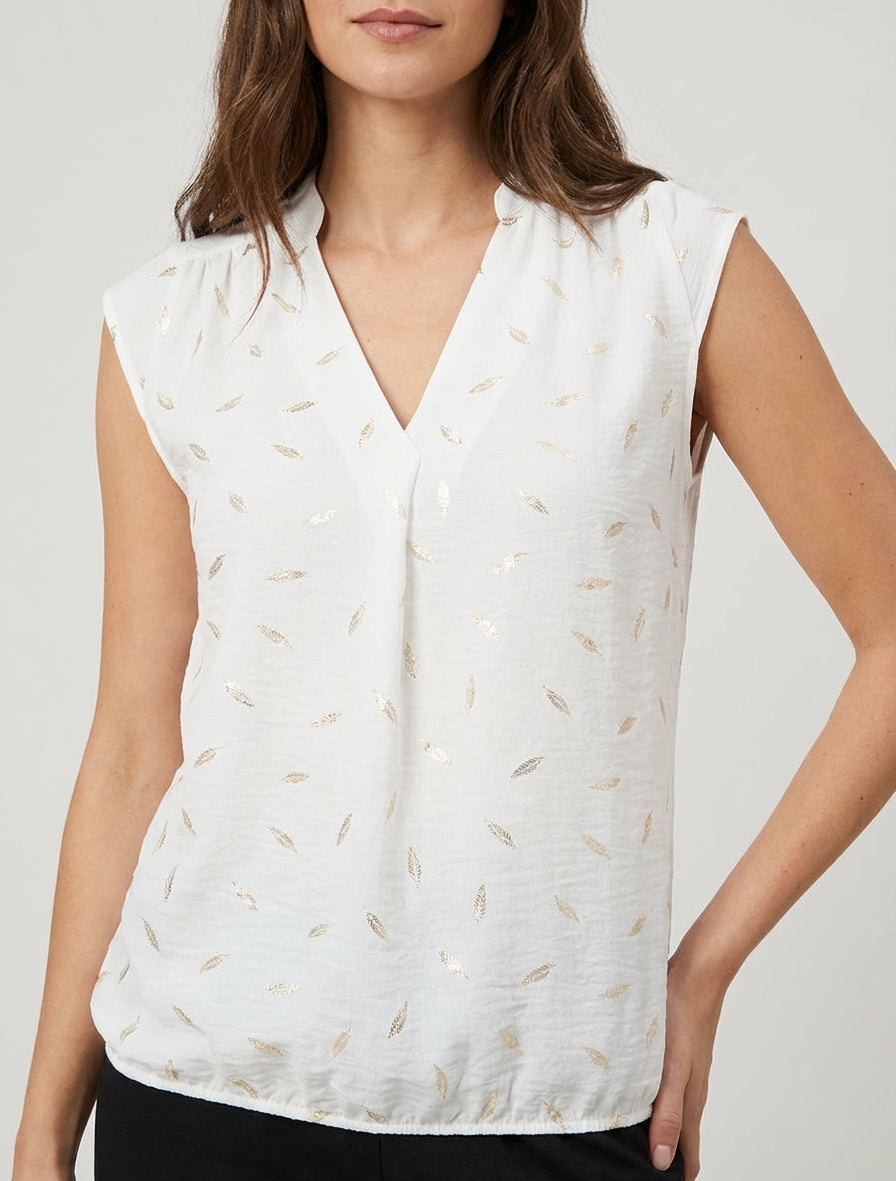 Elastische top met iriserende verenprint. - Wit