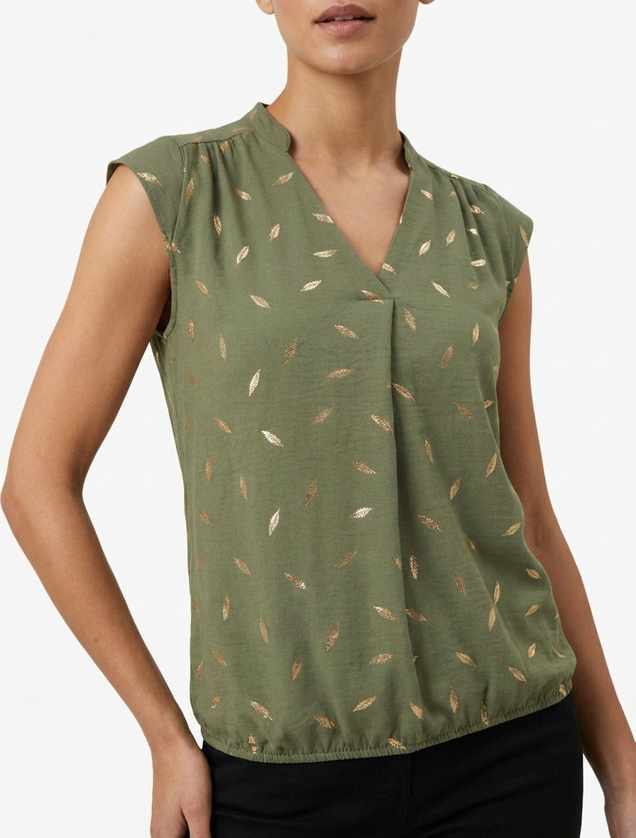 Elastische top met iriserende verenprint. - Kaki