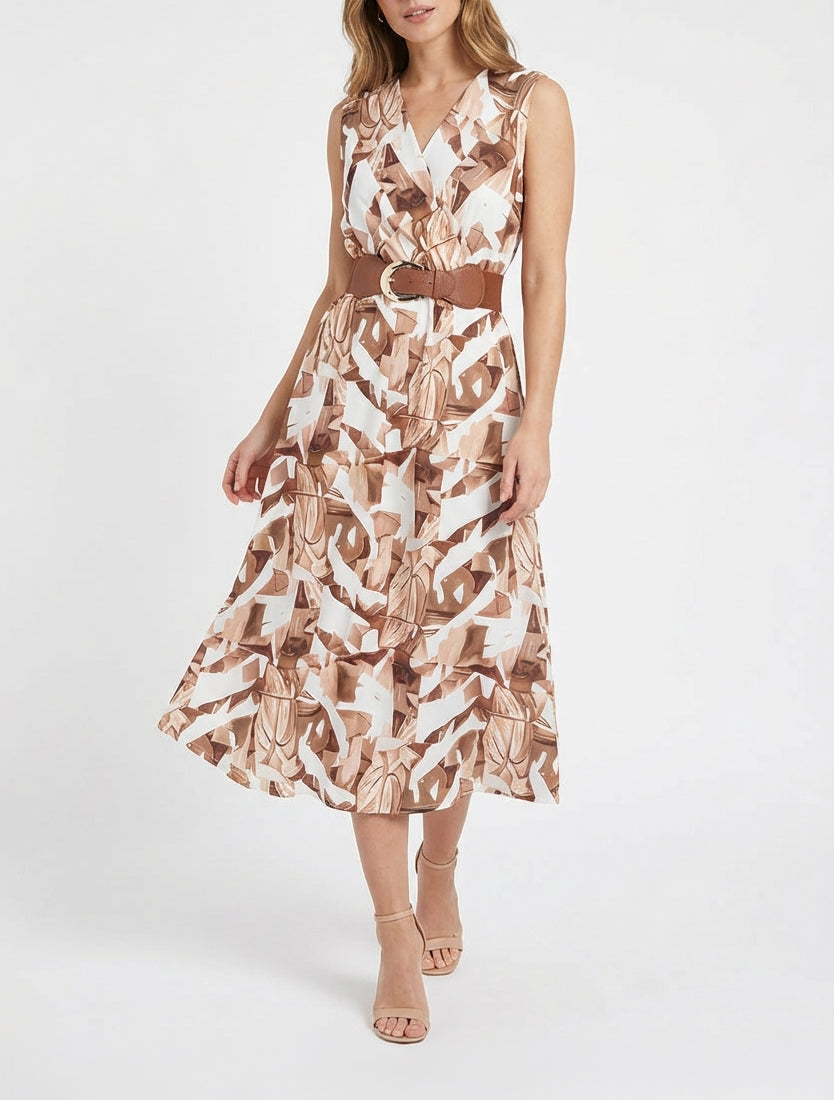 Mouwloze jurk met fantasieprint - Kameel
