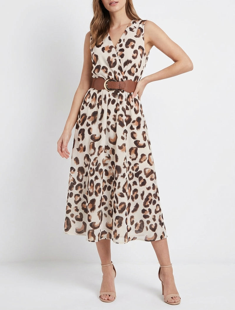 Mouwloze jurk met luipaardprint - Bruin