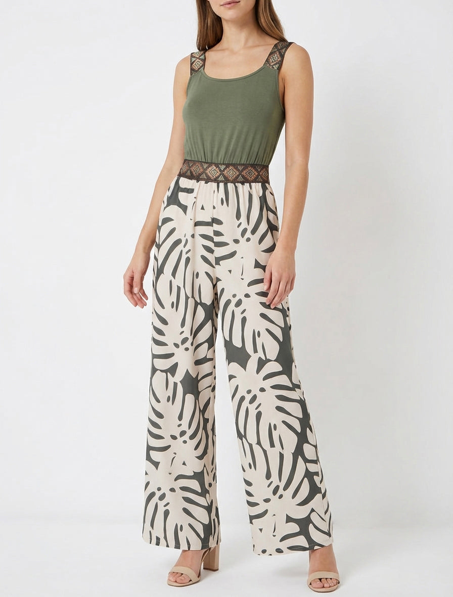 Gedessineerde bladeren jumpsuit met glanzende bandjes - Kaki