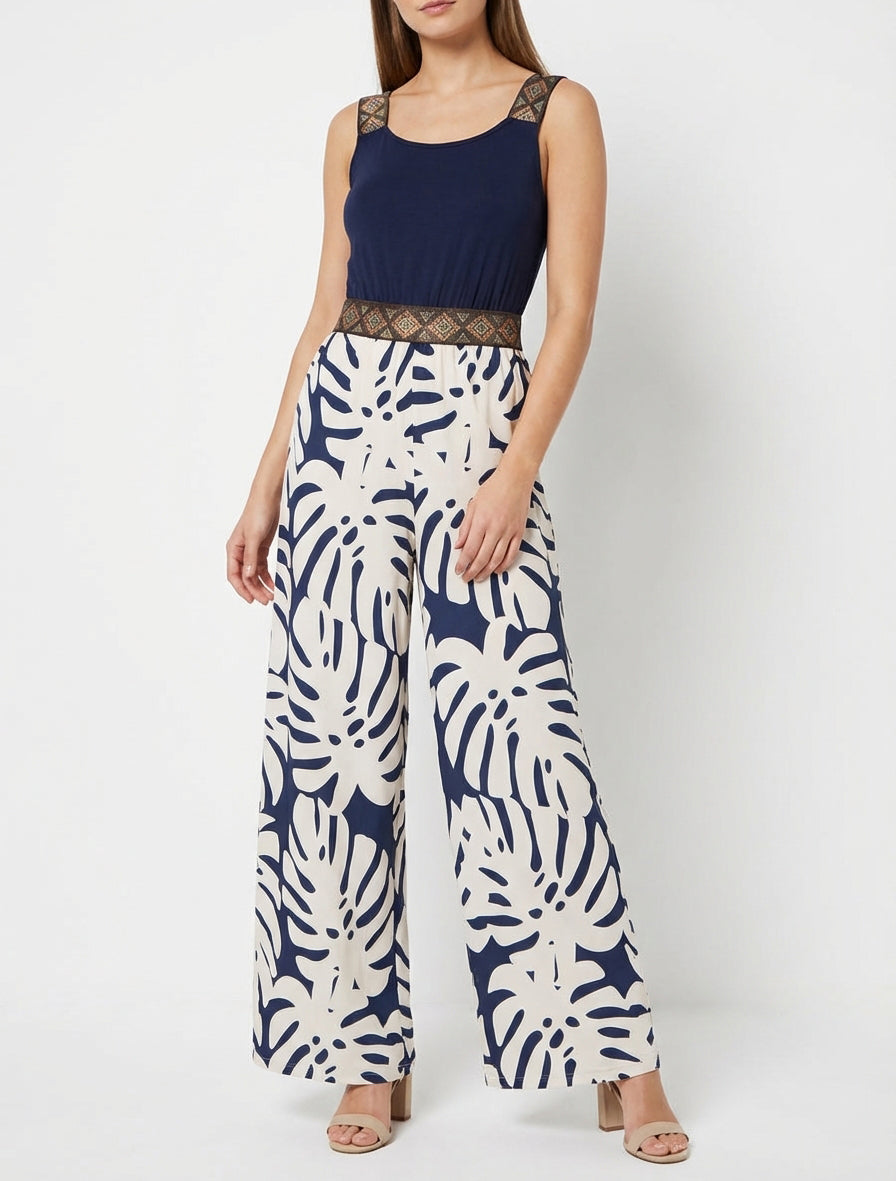 Gedessineerde bladeren jumpsuit met glanzende bandjes - Marine