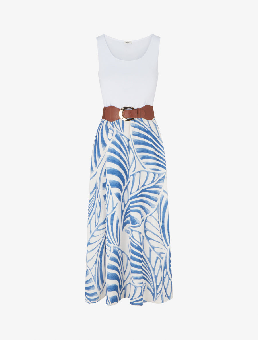 Robe longue sans manches imprimé feuilles - Bleu clair - 1