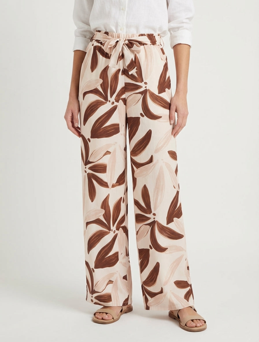 Elastische broek met bloemenprint - Beige