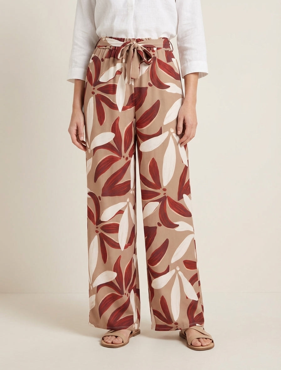 Elastische broek met bloemenprint - Kameel