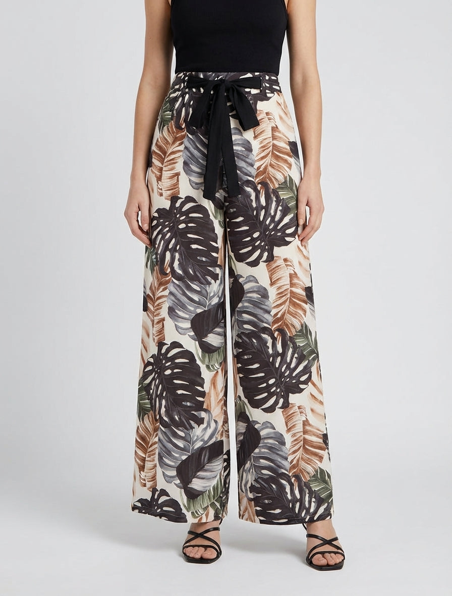 Wijde broek met tropische print - Zwart