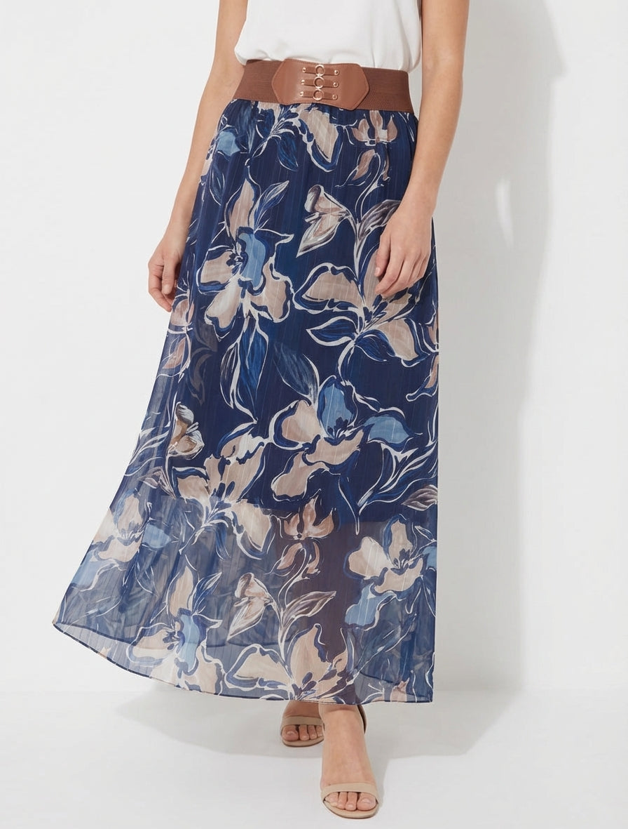 Lange rok met bloemenprint en iriserende strepen - Marine