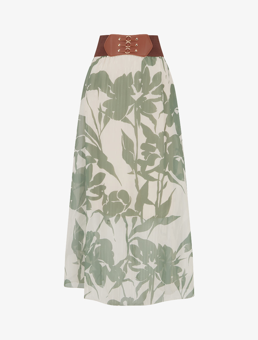 Jupe longue imprimé floral à rayures irisées - Kaki - 1