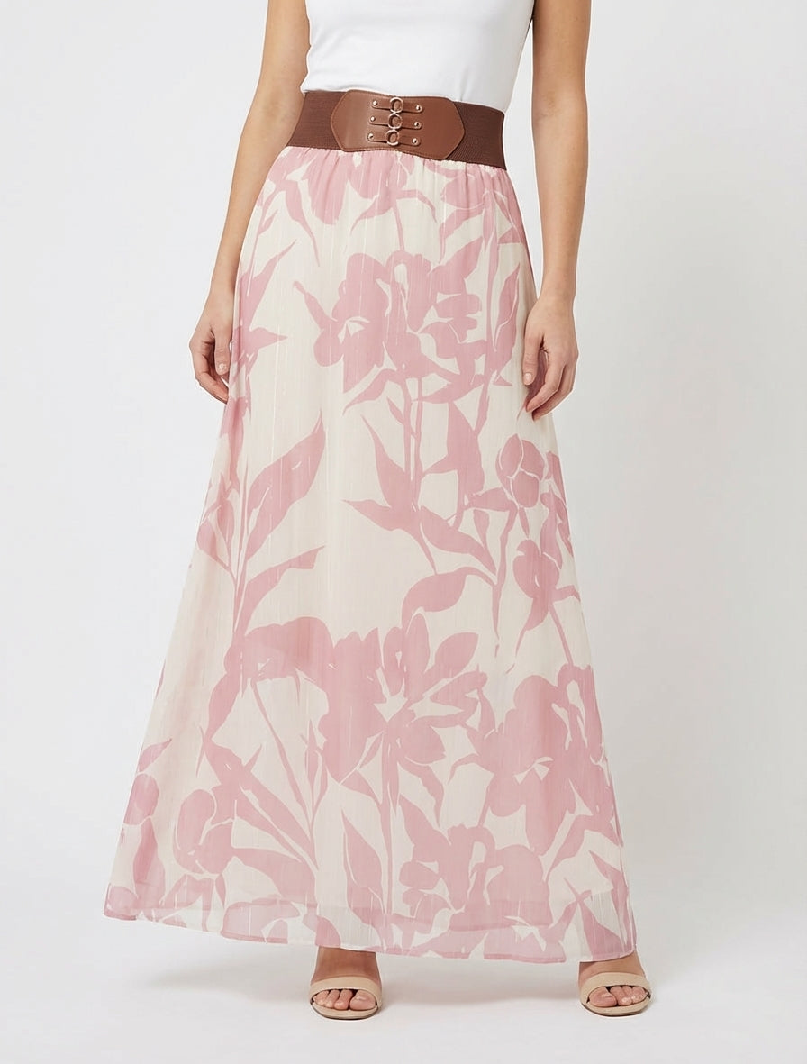 Lange rok met bloemenprint en iriserende strepen - Roos