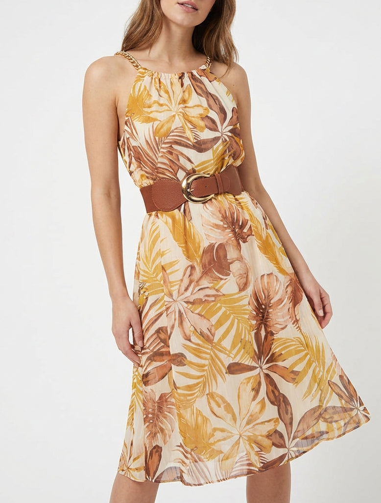 Jurk met kettingbandjes tropische print - Mosterdgeel