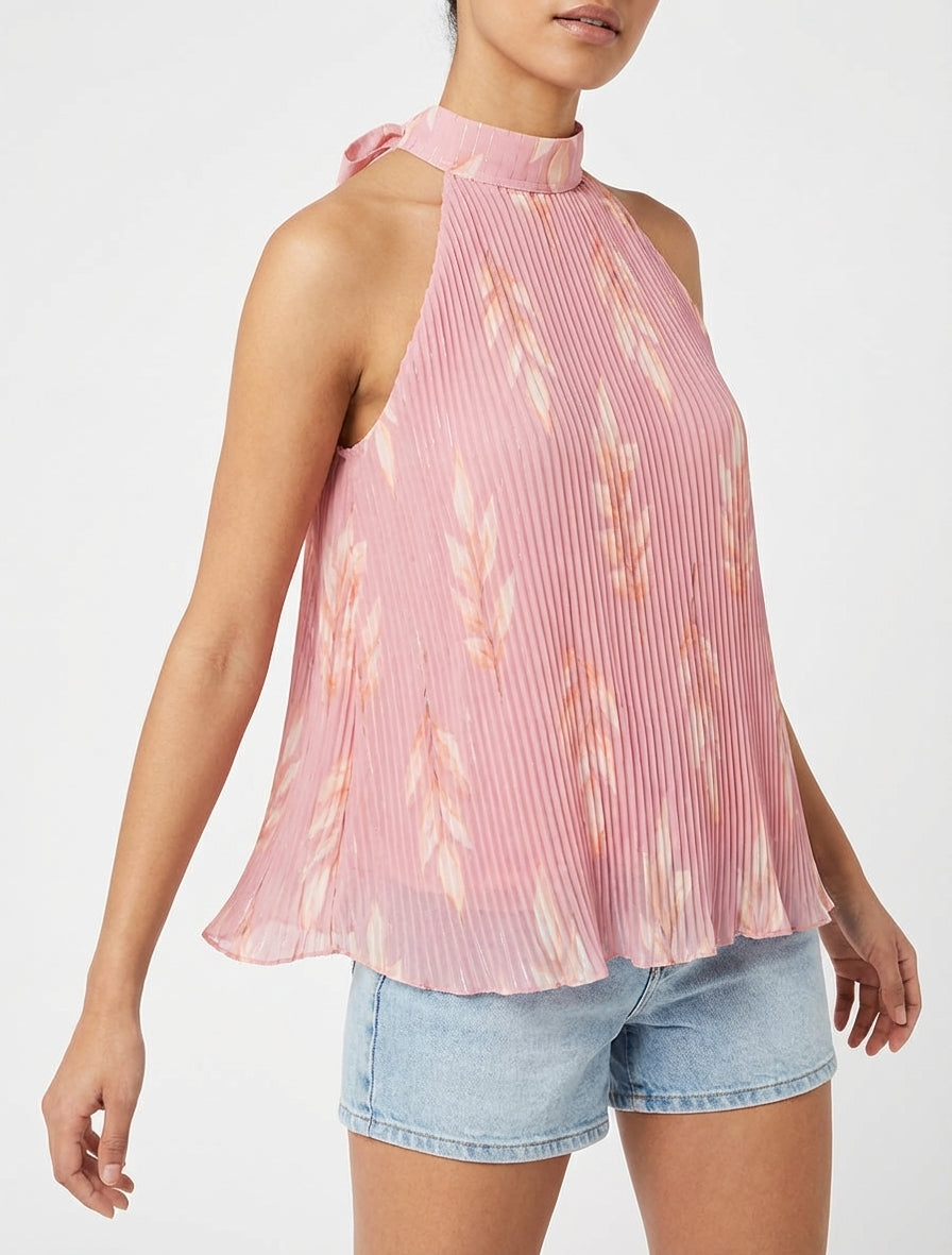 Mouwloze geplooide top met bladprint - Roos