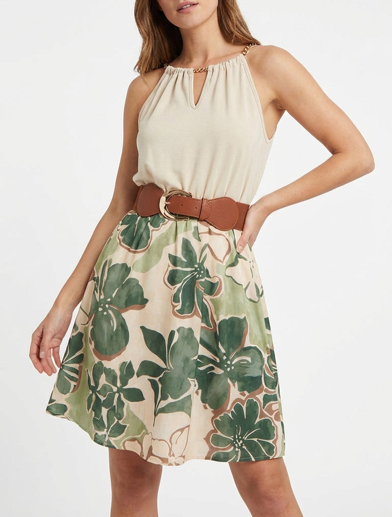 Jurk met kettingbandjes grote bloemenprint - Kaki