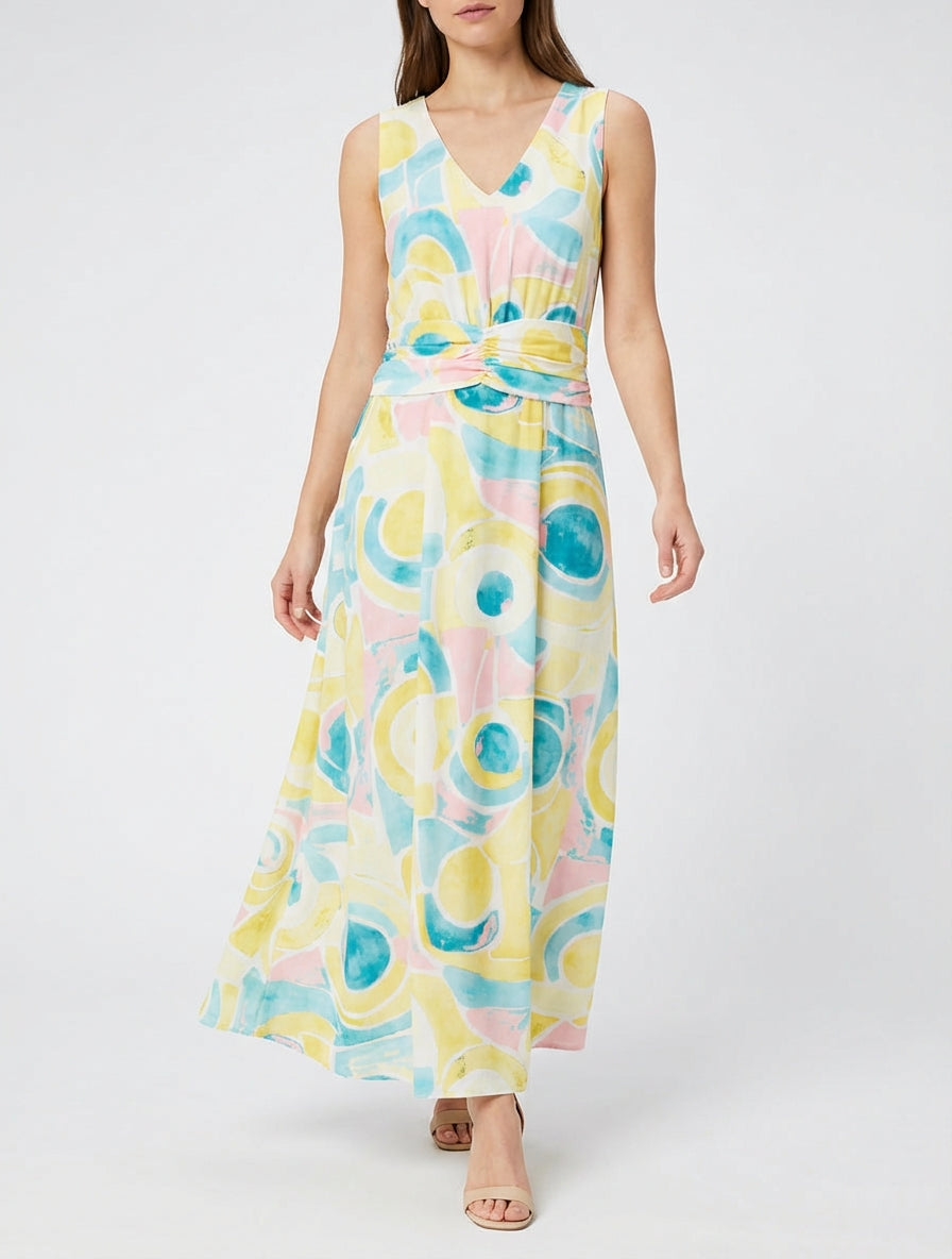 Jurk met abstracte print en elastische taille - Geel