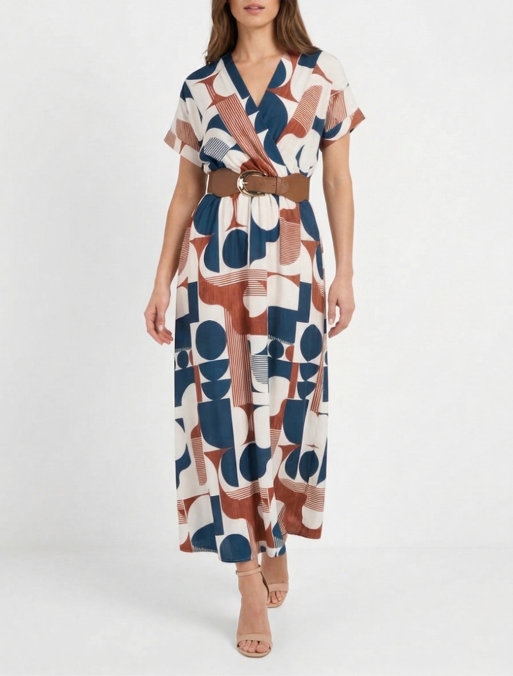 Lange jurk met korte mouwen en grafische print - Eendenblauw