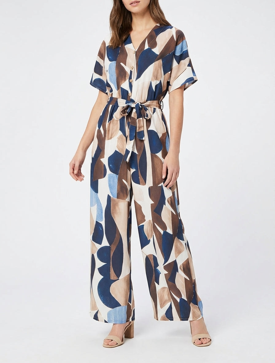 Abstracte print jumpsuit met elastische taille. - Marine